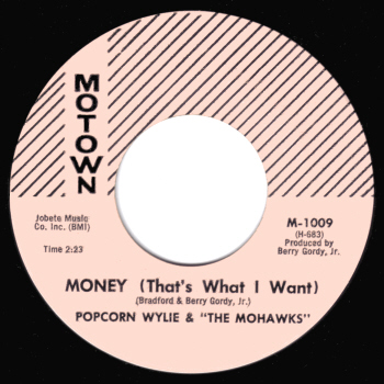 An alternate pressing - note the billing to 'Popcorn Wylie and the Mohawks'.  Scan kindly provided by Gordon Frewin, reproduced by arrangement.